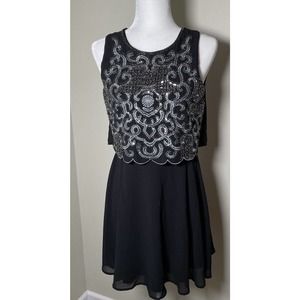 Francescas Glass Beaded Dress with Sequins Size S Black Silver Sheer Cocktail